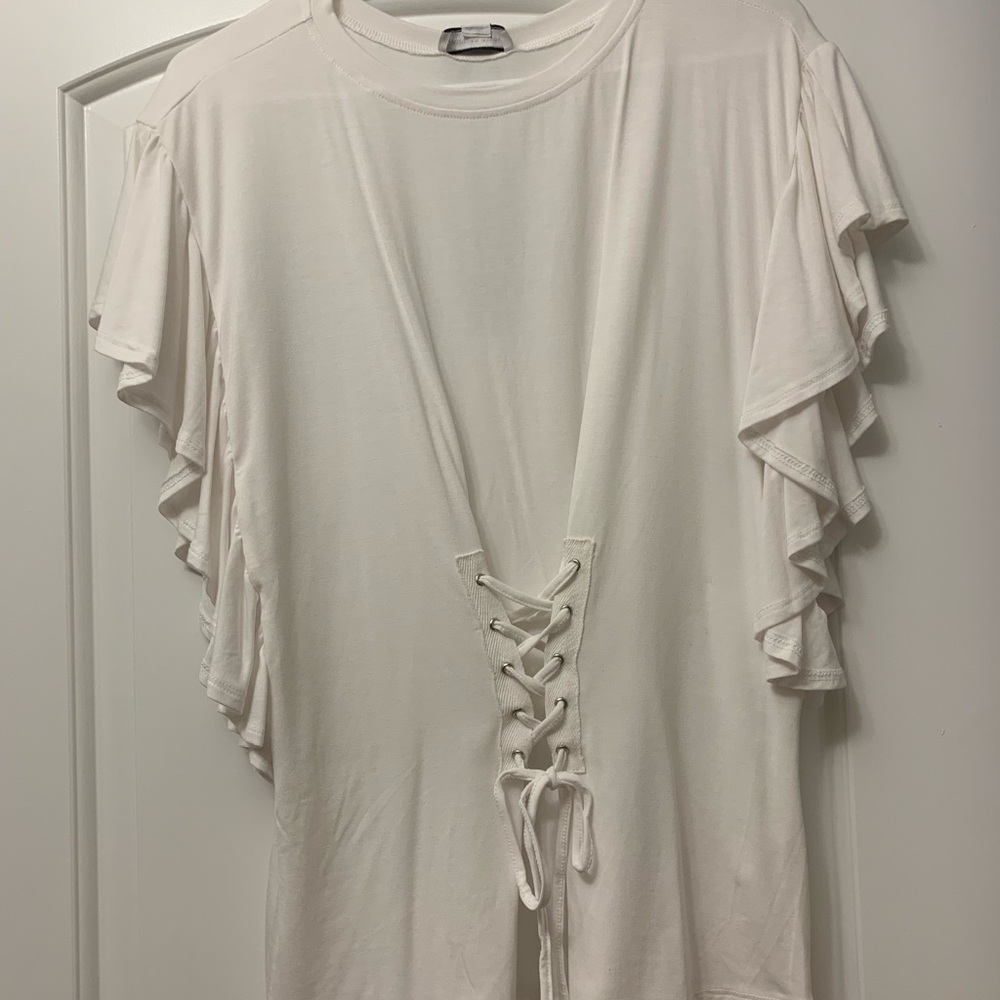 White Blouse with Ruffle Open Sleeve & Front Tie